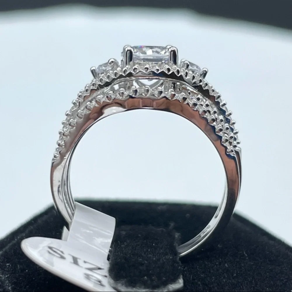 New 925 Sterling Silver CZ Diamond Bridal Wedding Ring Set Halo 2 Band